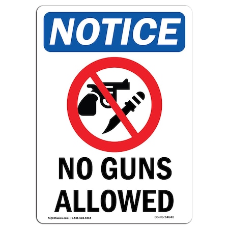 Signmission OSHA Notice Sign, No Guns Allowed With Symbol, 5in X 3.5in Decal, 10PK, 3.5" W, 5" L, Portrait, PK10 OS-NS-D-35-V-14640-10PK